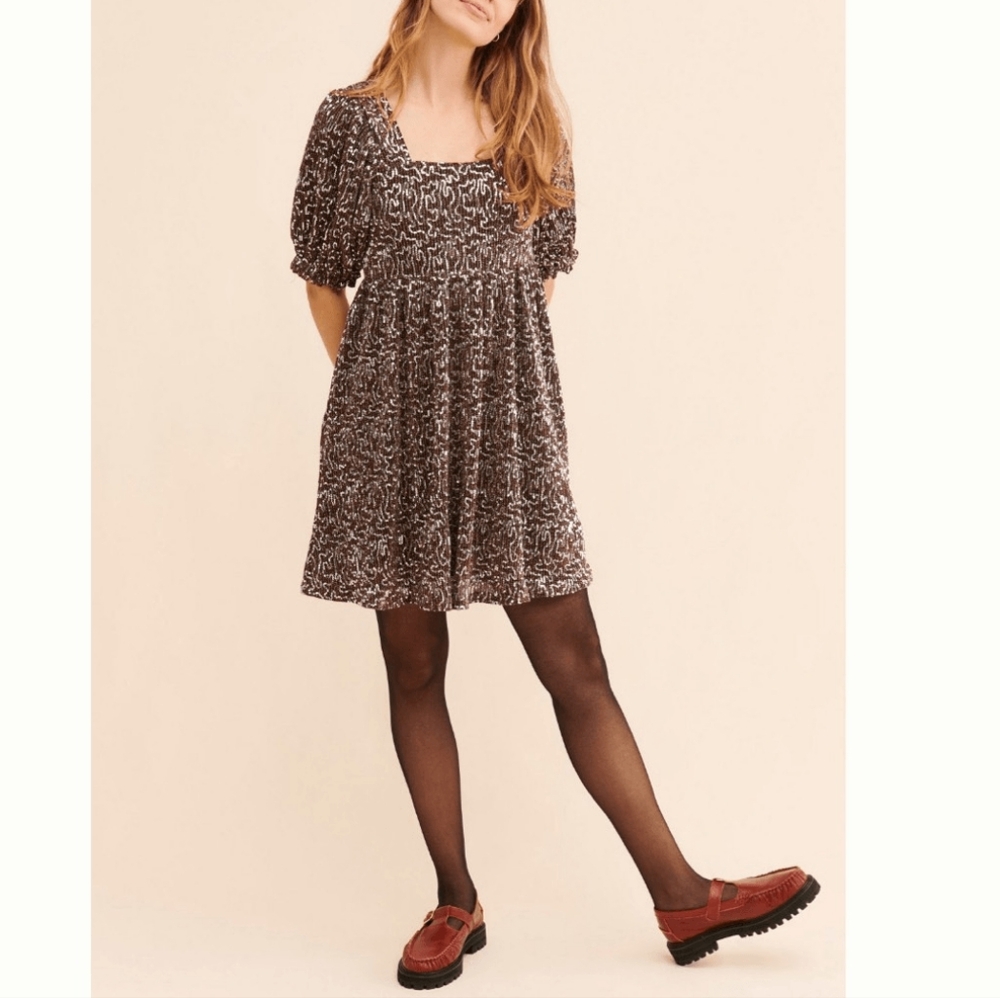 NWT Size M Anthropologie Moon River Sequin Babydoll Mini Dress Brown Silver - Picture 3 of 6